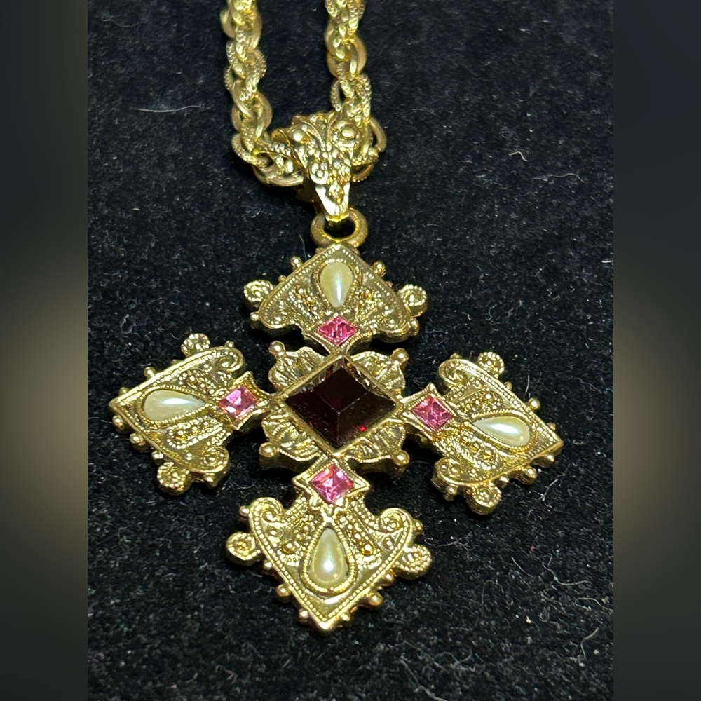1928 Gold CrossNecklace with Pink and Red Accents - Picture 4 of 8